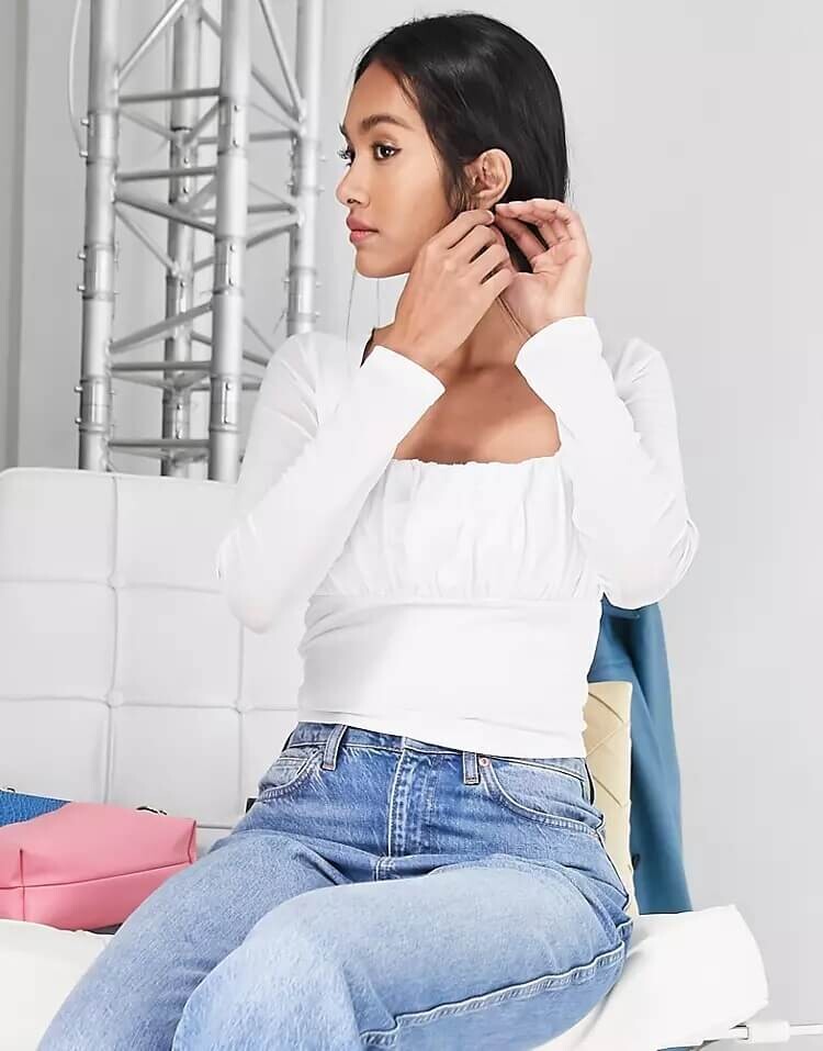 

Топ Asos Design с квадратным вырезом и сетчатым рукавом, белый