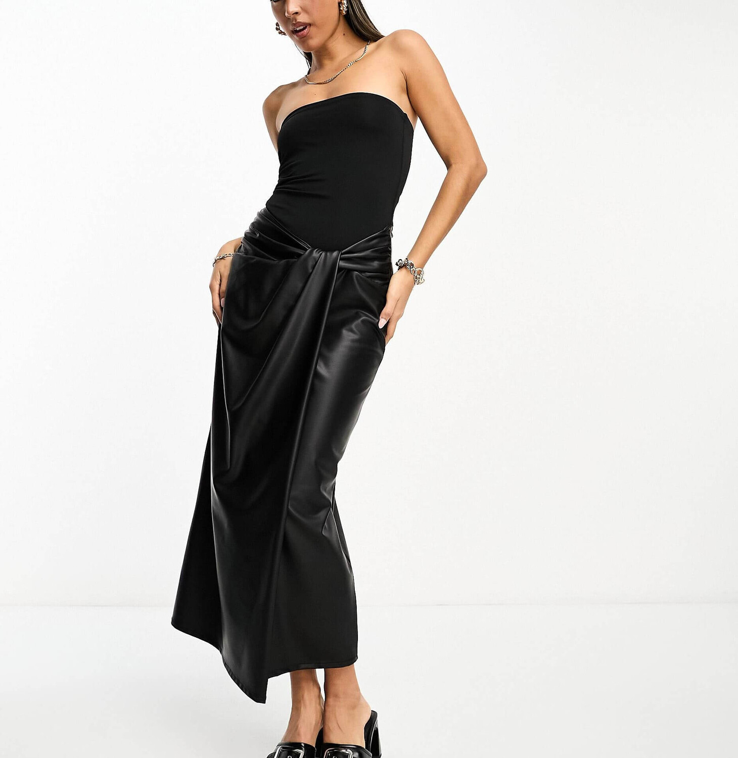 

Платье Asos Design Bandeau Midi With Pu Skirt And Twist Detail, черный