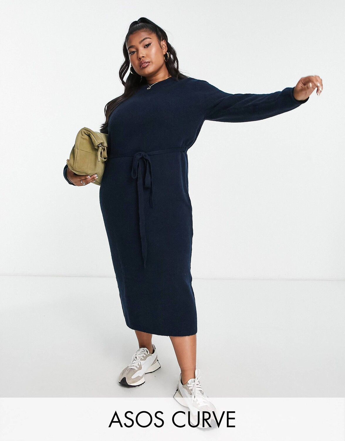 

Темно-синее трикотажное платье миди с завязками на талии ASOS DESIGN Curve