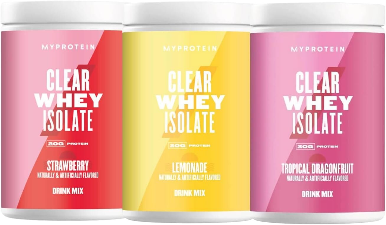 

Протеин со вкусом сока Myprotein Clear Whey Isolate, 500 г, сет из 3 шт, тропический драконий фрукт/ лимонад/ клубника