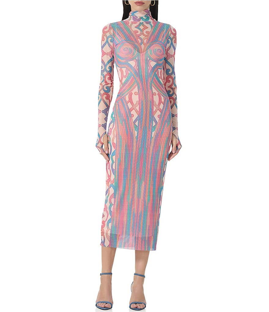 цена AFRM Сетчатое платье миди с высоким воротником и длинными рукавами Shailene с принтом, мультиколор