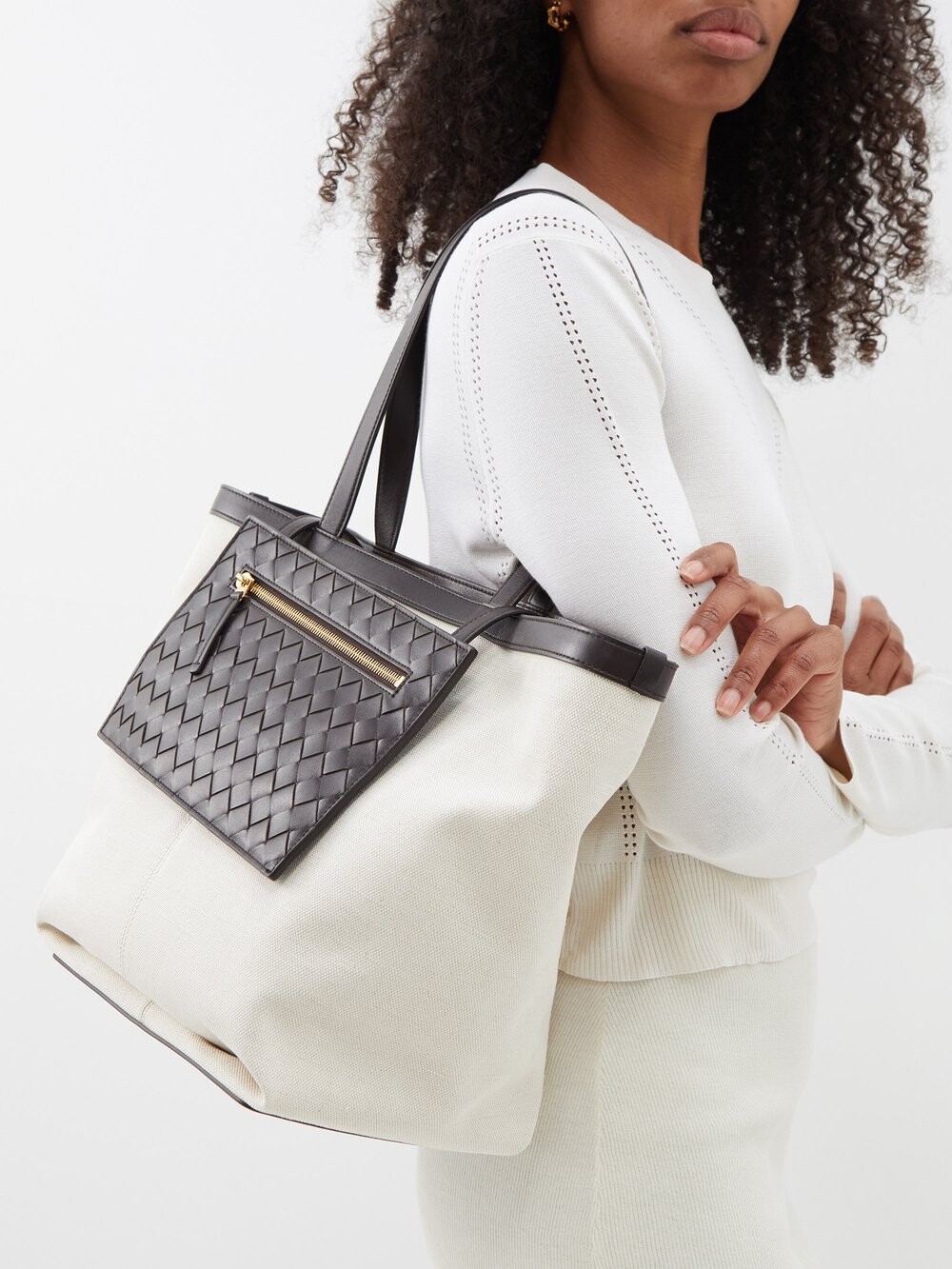 

Сумка-тоут flip flap intrecciato из кожи и холста Bottega Veneta, бежевый