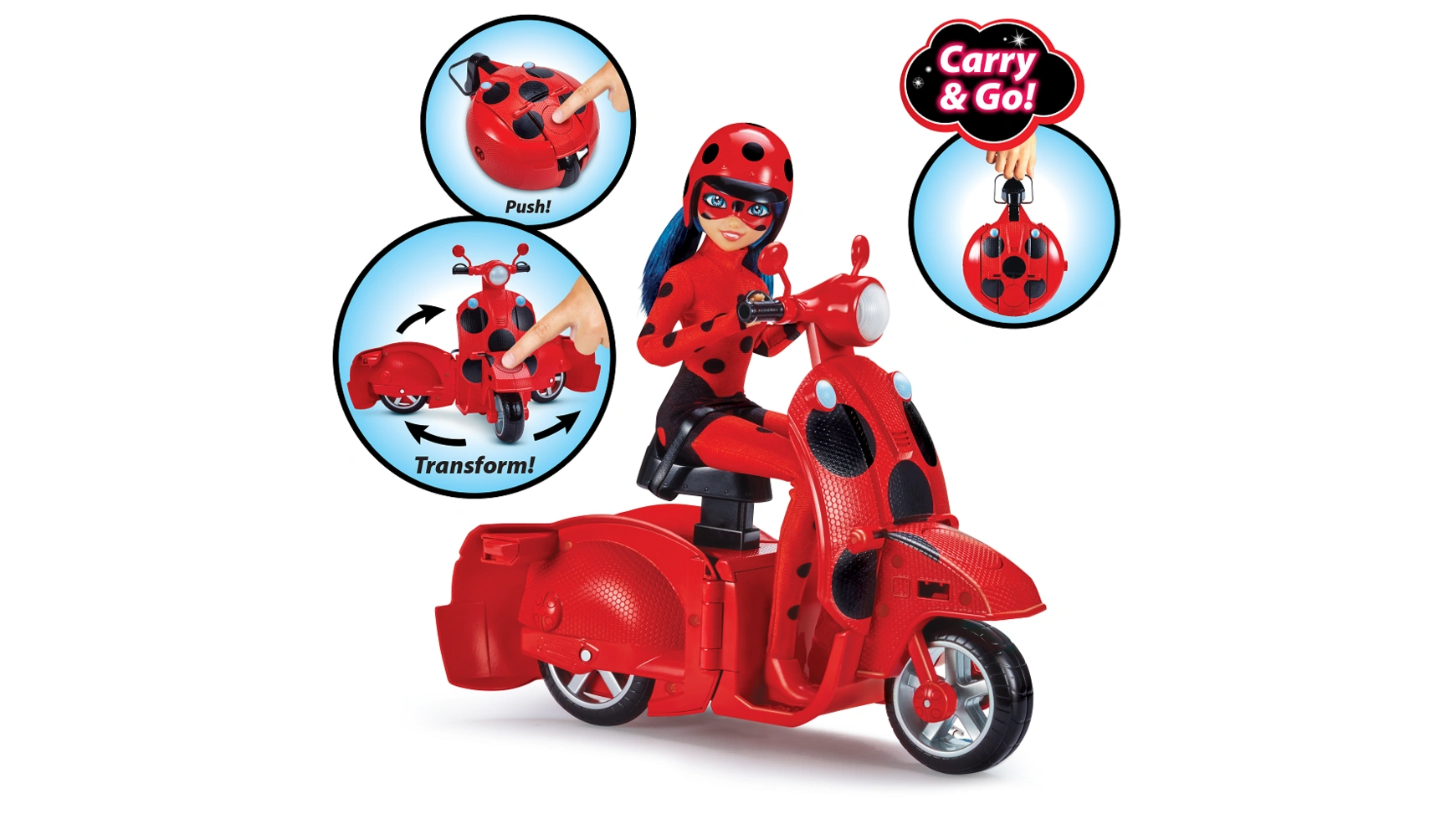 Bandai Чудесная кукла Божья коровка Lucky Charm со скутером Switch 'n go