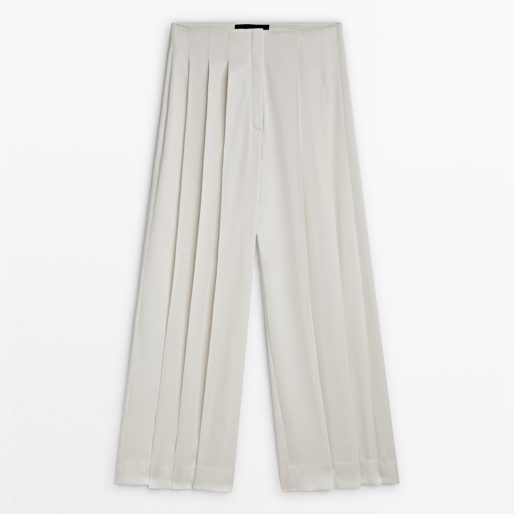 Брюки Massimo Dutti Pleated Wide-leg - Studio, кремовый брюки uniqlo pleated wide leg windowpane checked серый