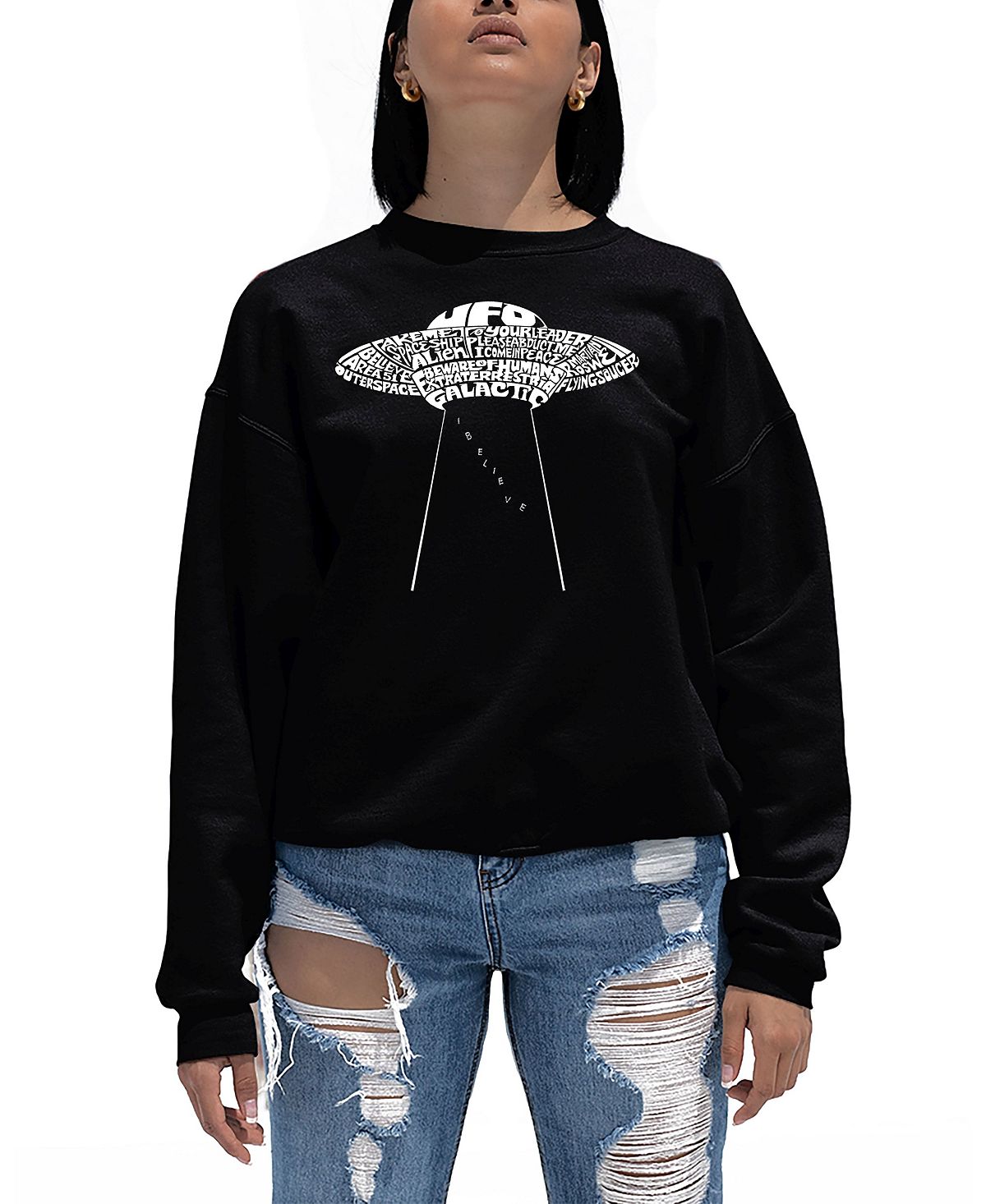 Женская толстовка с круглым вырезом и надписью word art flying saucer ufo LA Pop Art, черный фото