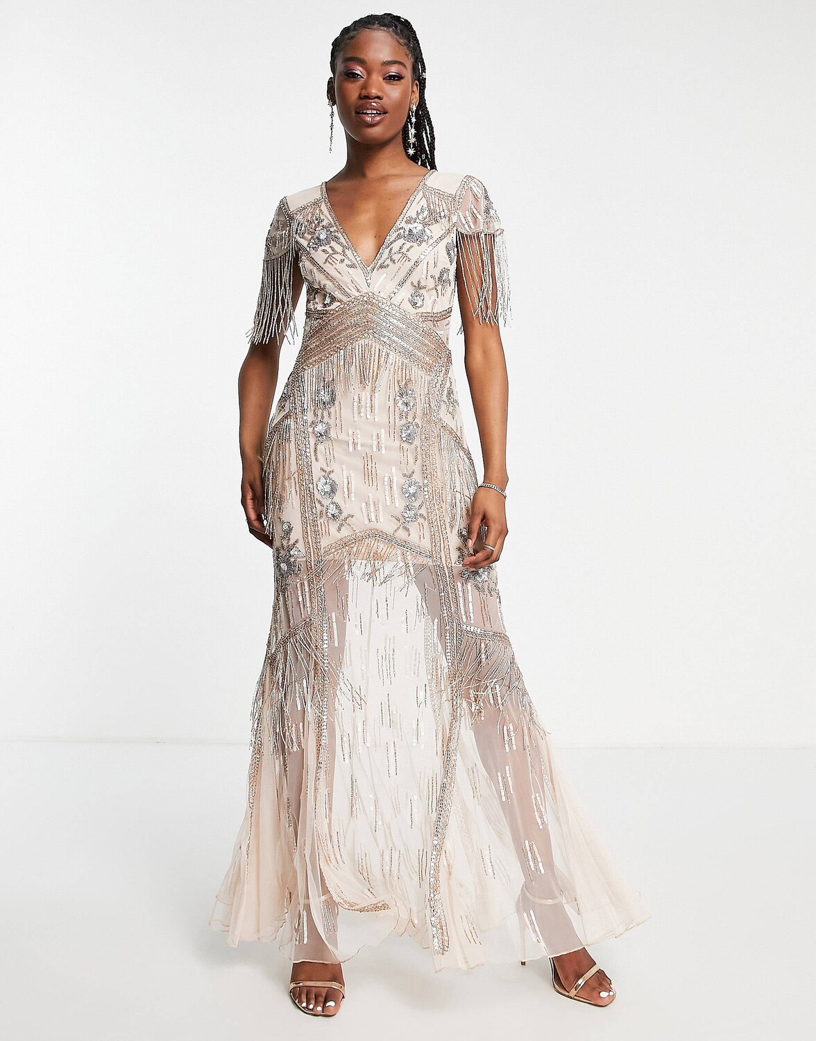 

Украшенное розовое платье макси с глубоким вырезом Miss Selfridge Premium, Розовый