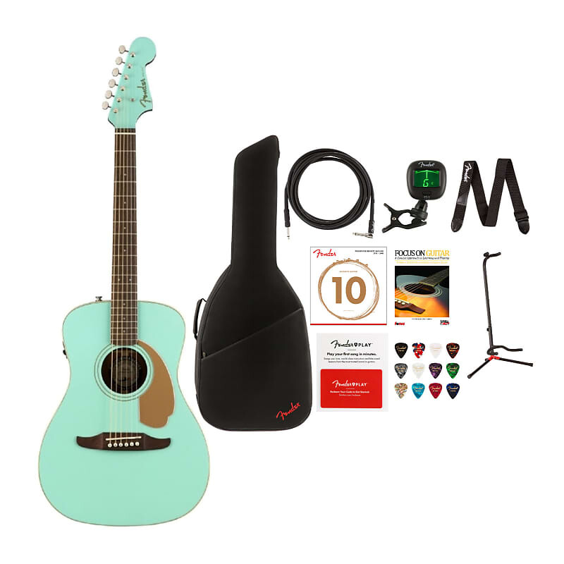 

6-струнная акустическая гитара Fender Malibu Player (правая рука, Aqua Splash) с сумкой, инструментальным кабелем, подставкой для гитары, клипсовым тюнером, гитарными струнами, книгой для обучения игре на гитаре, комплектом ремней