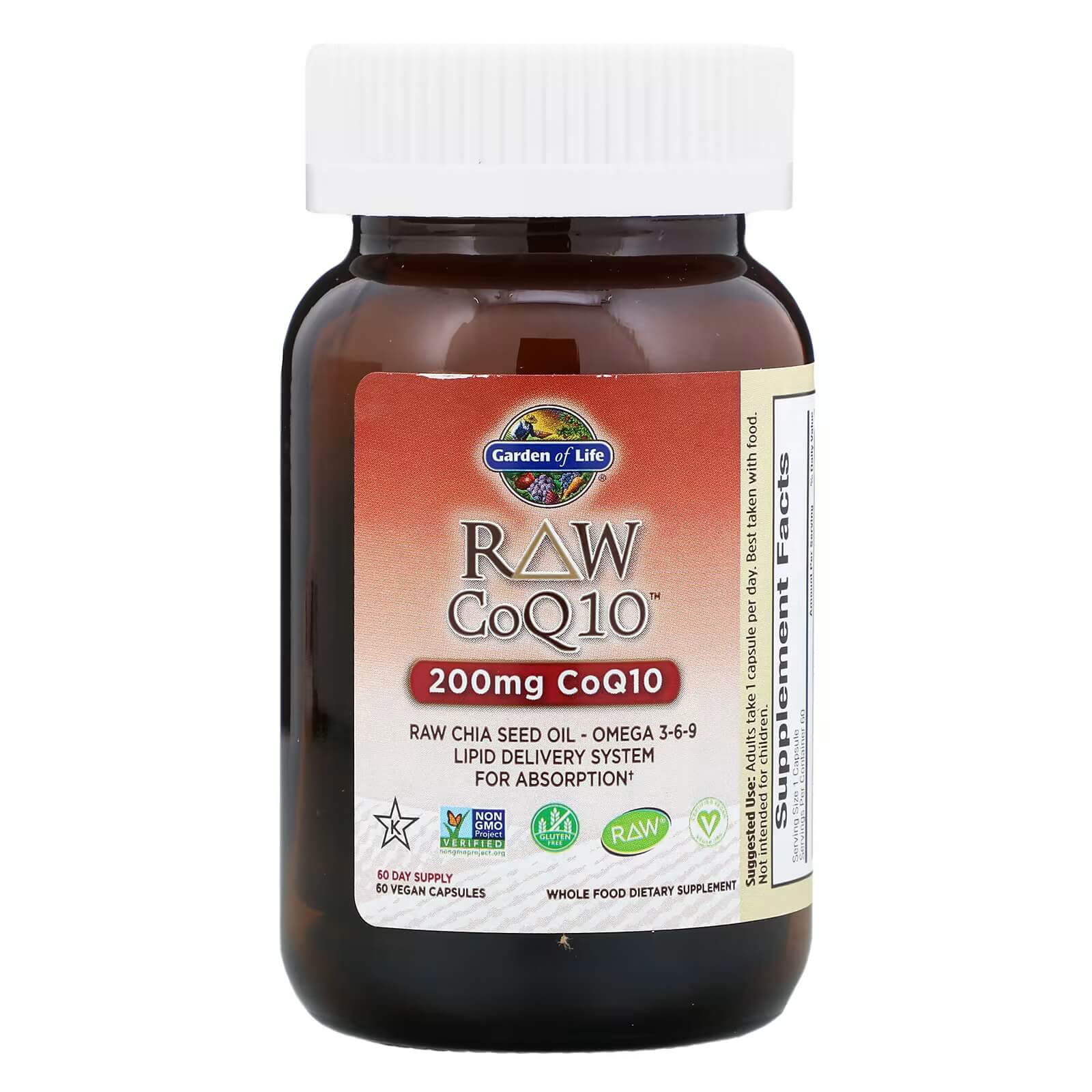 RAW CoQ10, 200 мг 60 капсул, Garden of Life коэнизм coq10 country life 100 мг 60 капсул