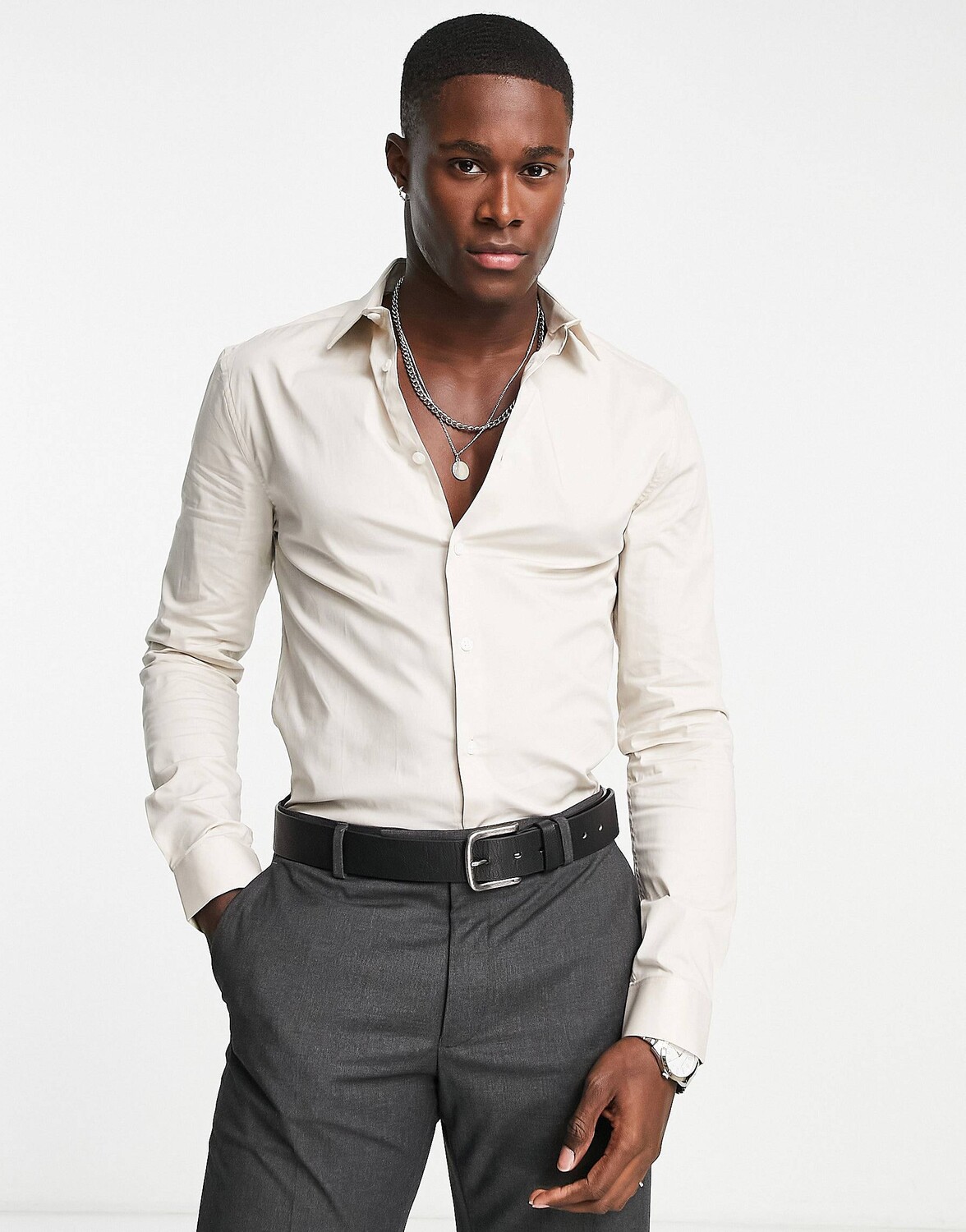 

Светло-каменная рубашка скинни ASOS DESIGN