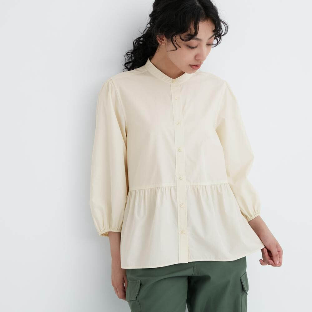 

Хлопковая блуза Uniqlo Lantern Three-quarter Sleeve Ruffle Trim Pleated Long, светло-бежевый