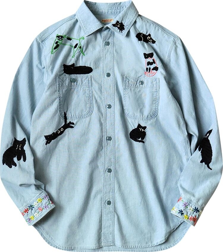 

Рубашка Kapital Chambray Work Shirt (Black Cat Embroidery) 'Sax', синий