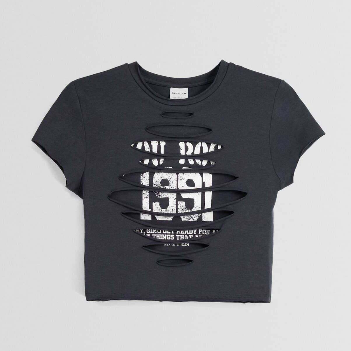

Топ Bershka Double-layer Short Sleeve With Stitching And Print, темно-серый