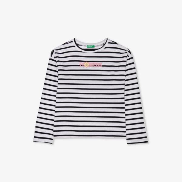 

Футболка из хлопкового трикотажа в полоску, расшитая бисером, 6-14 лет Benetton, синий