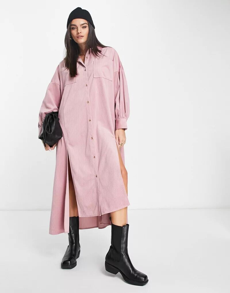 

Розовое вельветовое платье-рубашка макси с разрезами ASOS