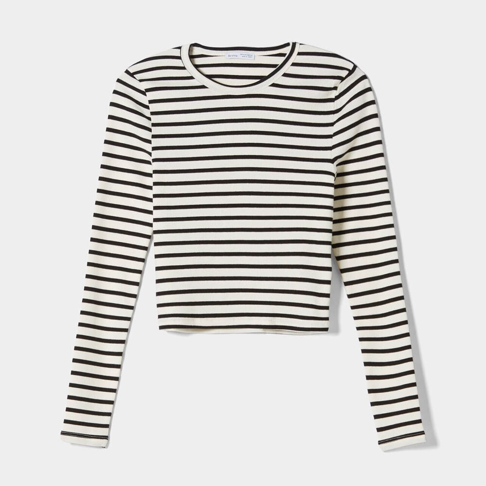 

Лонгслив Bershka Ribbed, белый/черный