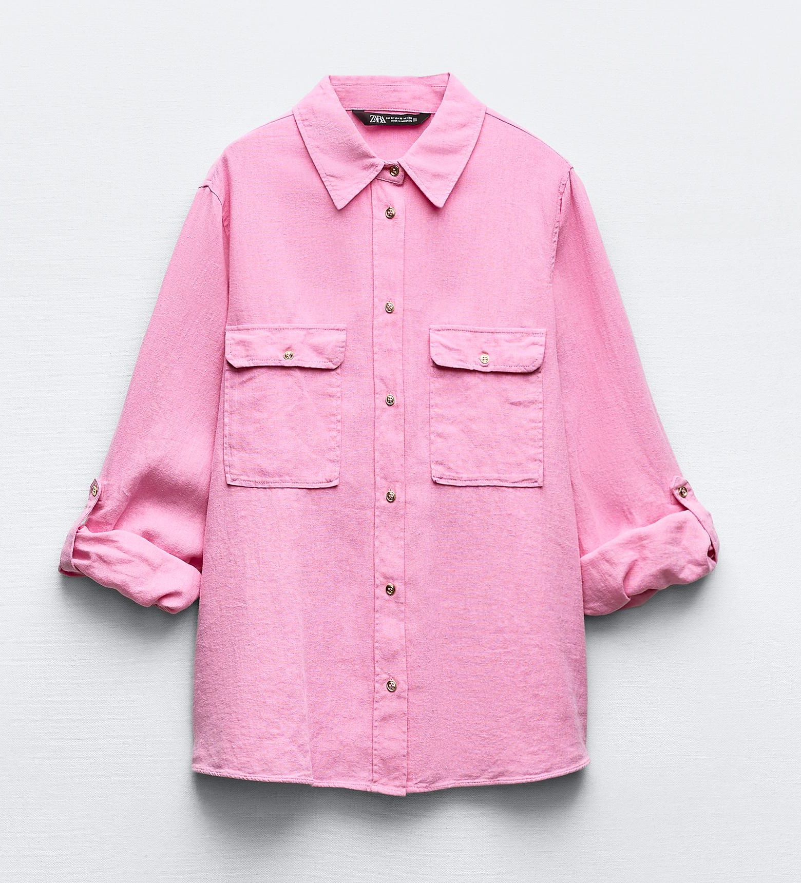 Рубашка Zara Roll-up Sleeve Linen-blend, розовый рубашка zara oversized linen розовый