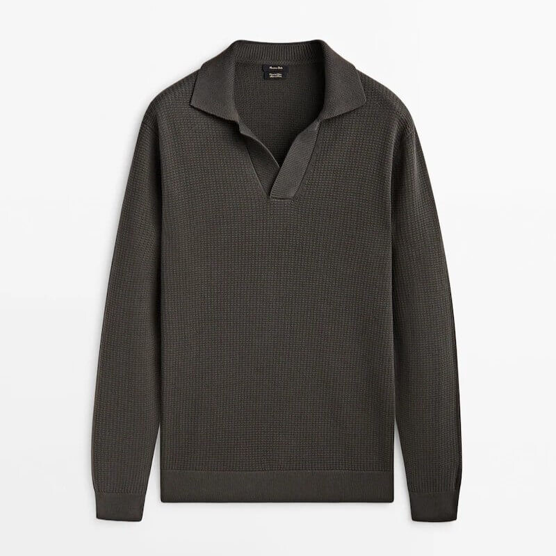

Свитер Massimo Dutti Textured Knit Polo Collar, темно-серый
