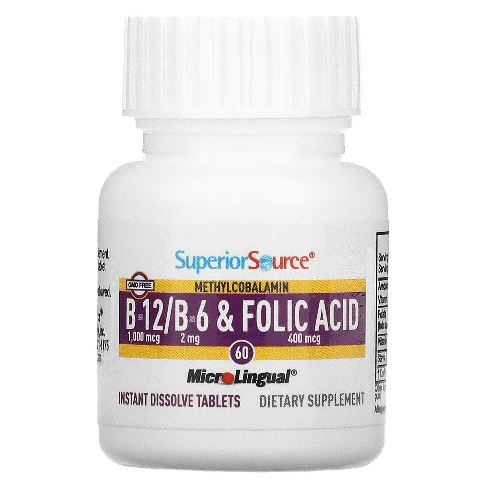 Витамин В-12, В-6 и фолиевая кислота Superior Source 1000 мкг, 60 таблеток