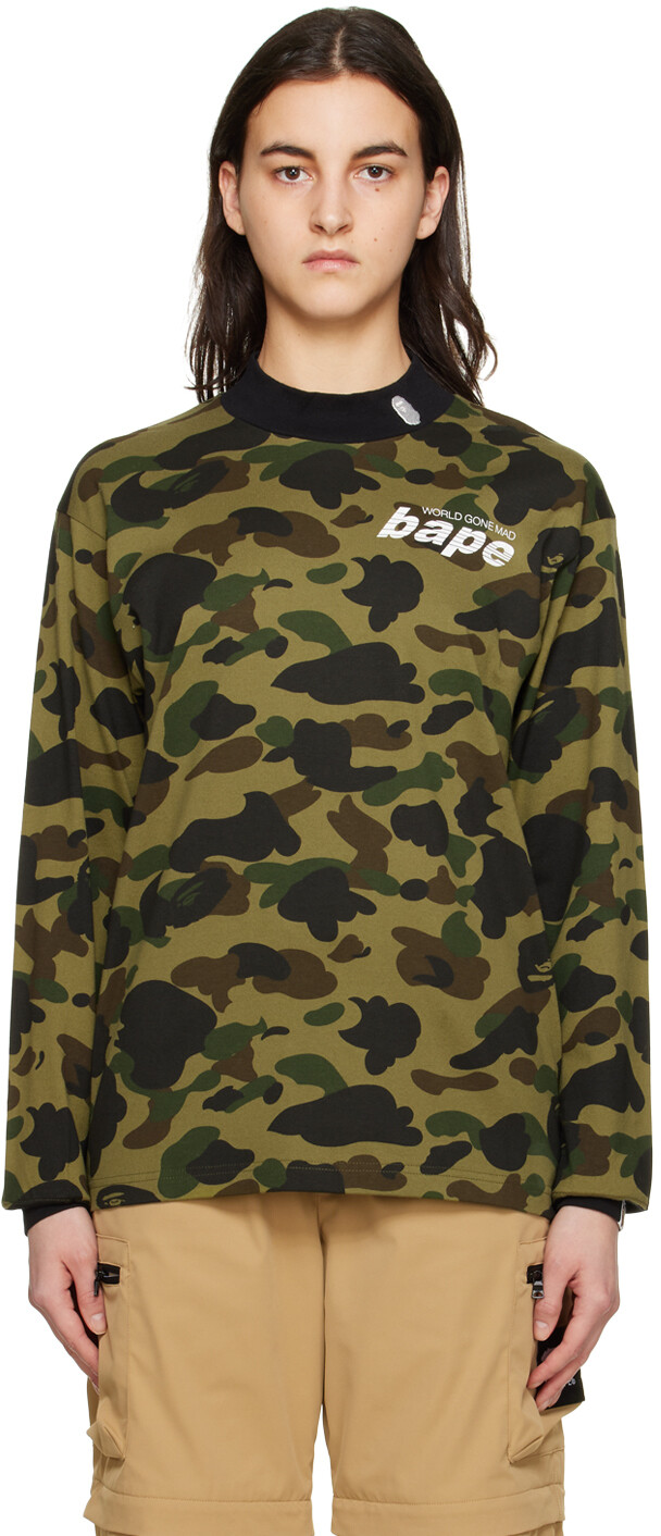 

Зеленая футболка с длинным рукавом с камуфляжным принтом BAPE, Зеленый