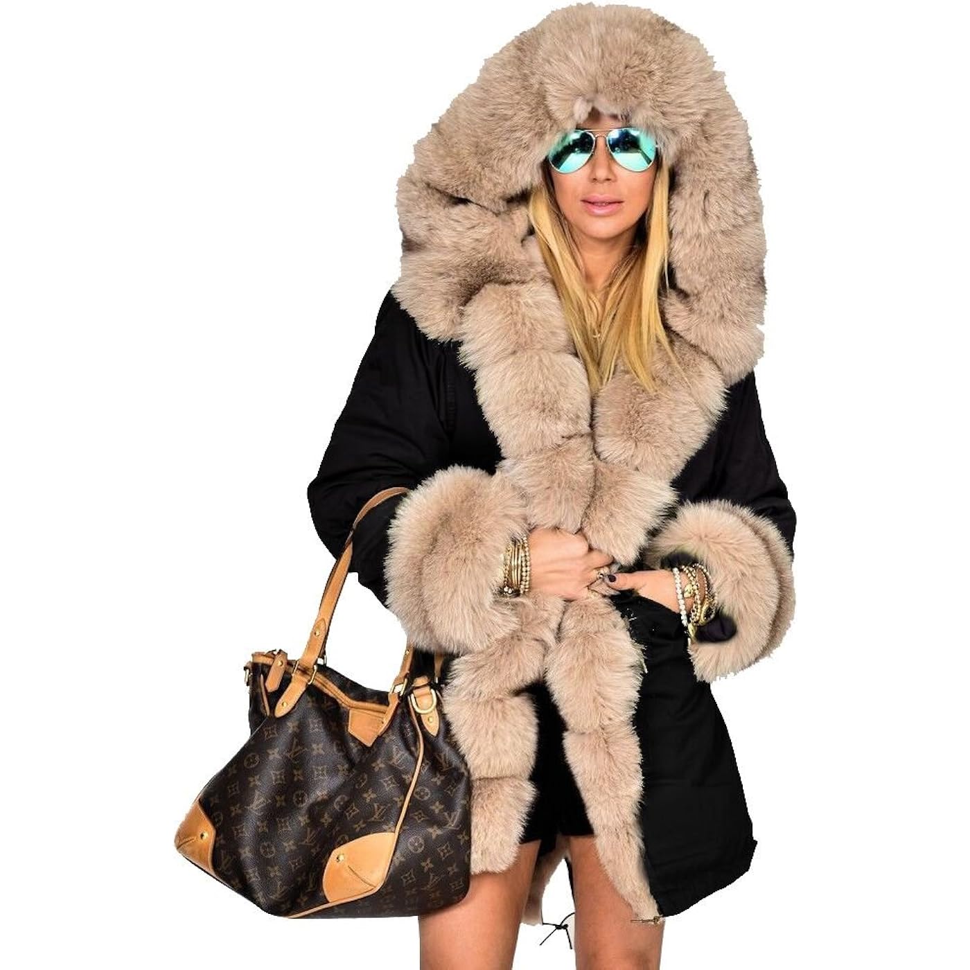 Парка Aofur Long Warm Winter Faux Fur Collar Qulited Women's, черный/бежевый