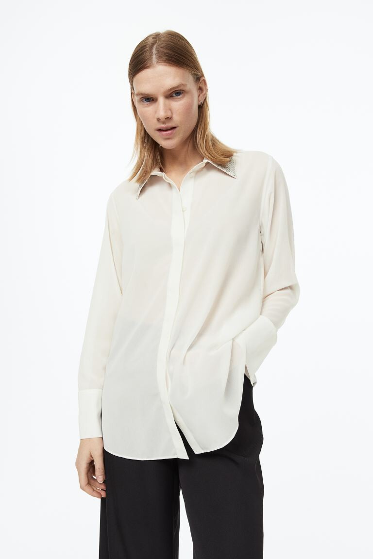 

Рубашка с воротником из пайеток H&M, белый/серебристый