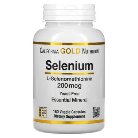 Селен California Gold Nutrition, бездрожжевой, 200 мкг, 180 растительных капсул селен 200 мкг bluebonnet nutrition 90 капсул