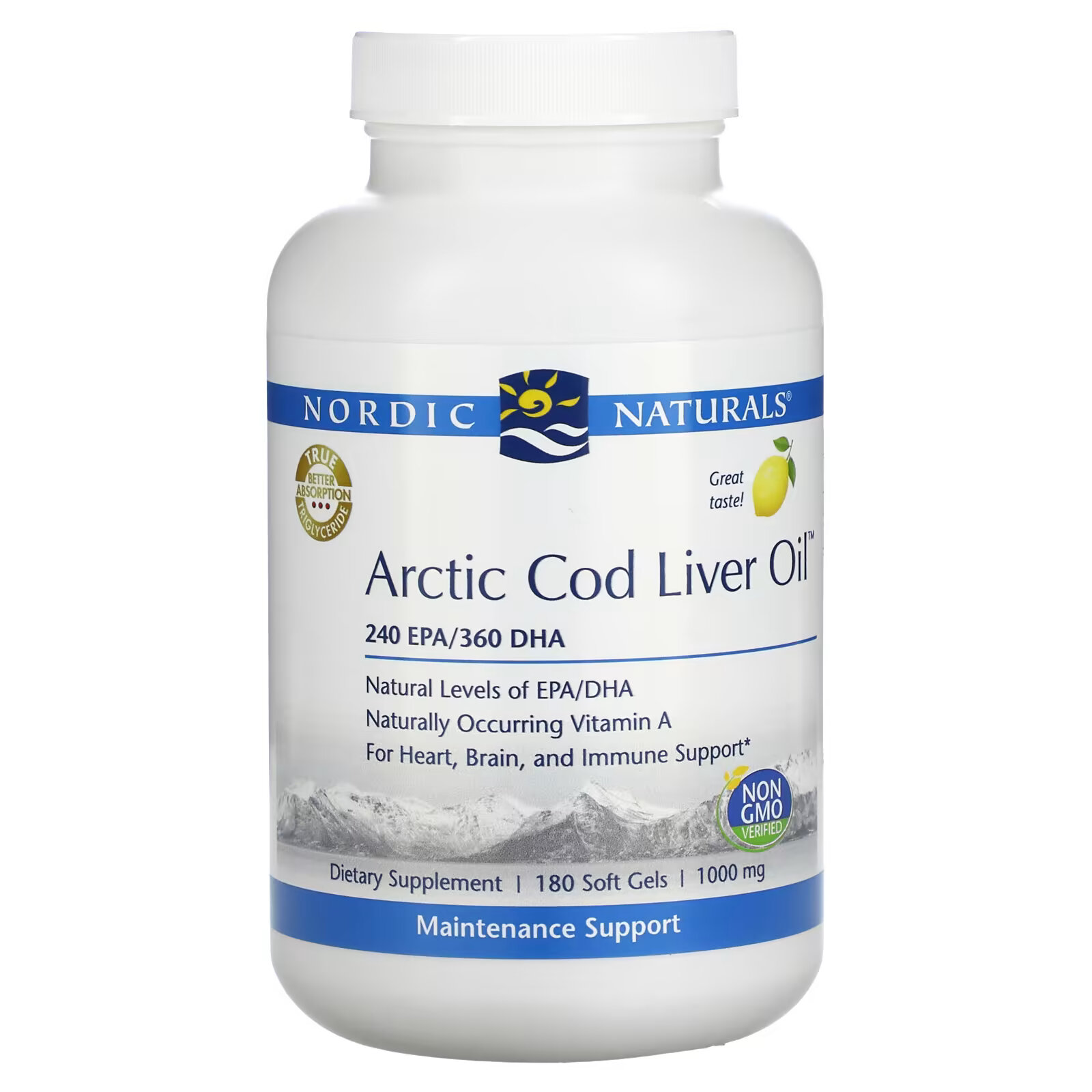 Nordic Naturals, Arctic Cod Liver Oil, жир печени арктической трески, с лимонным вкусом, 1000 мг, 180 мягких таблеток