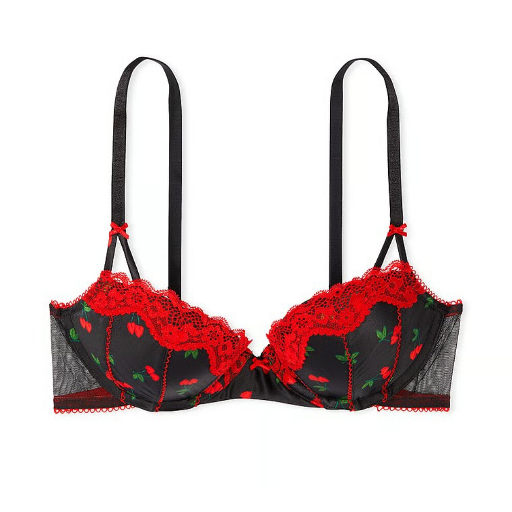 

Бюстгальтер Victoria's Secret Fun & Flirty Lace-Trim Satin Push-Up, черный/красный