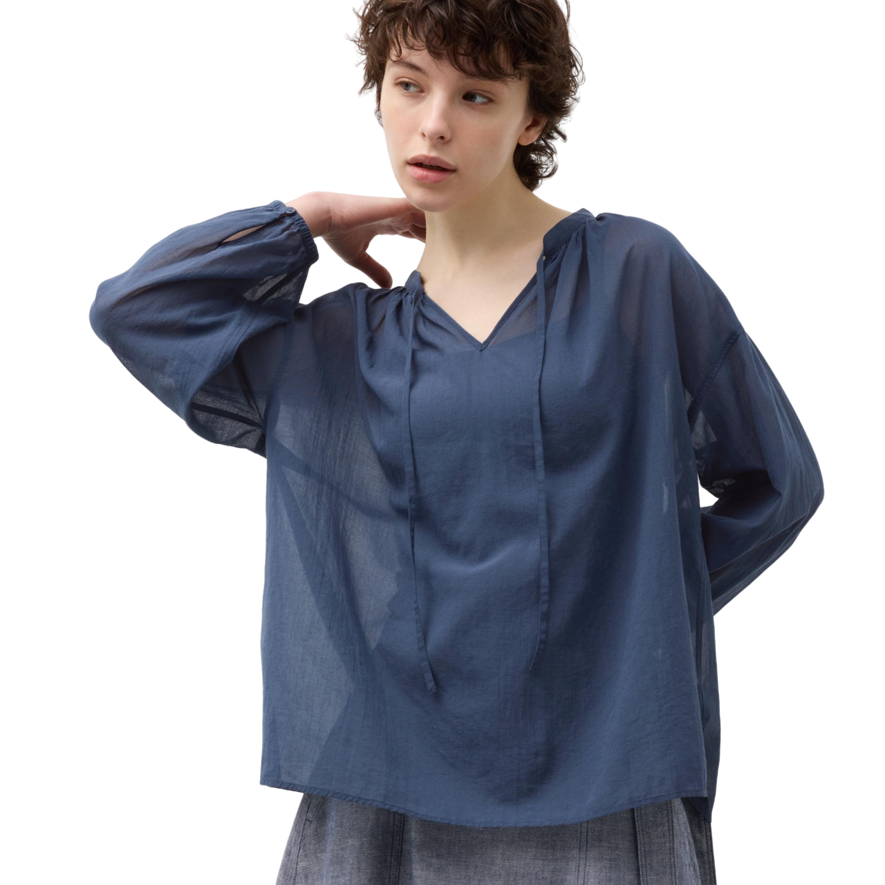 Блузка Uniqlo х JW Anderson Cotton Sheer Volume Gathered Long Sleeved, синий пижама uniqlo flannel long sleeved синий