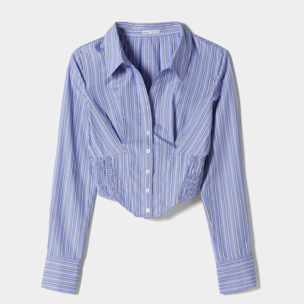 

Блуза-корсет Bershka Fitted Poplin Shirt With Long Sleeves, голубой