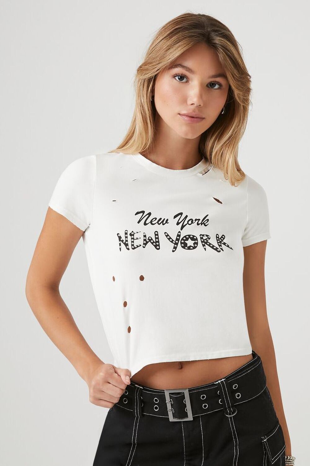 

Детская футболка с эффектом потертости New York Forever 21, кремовый, Бежевый