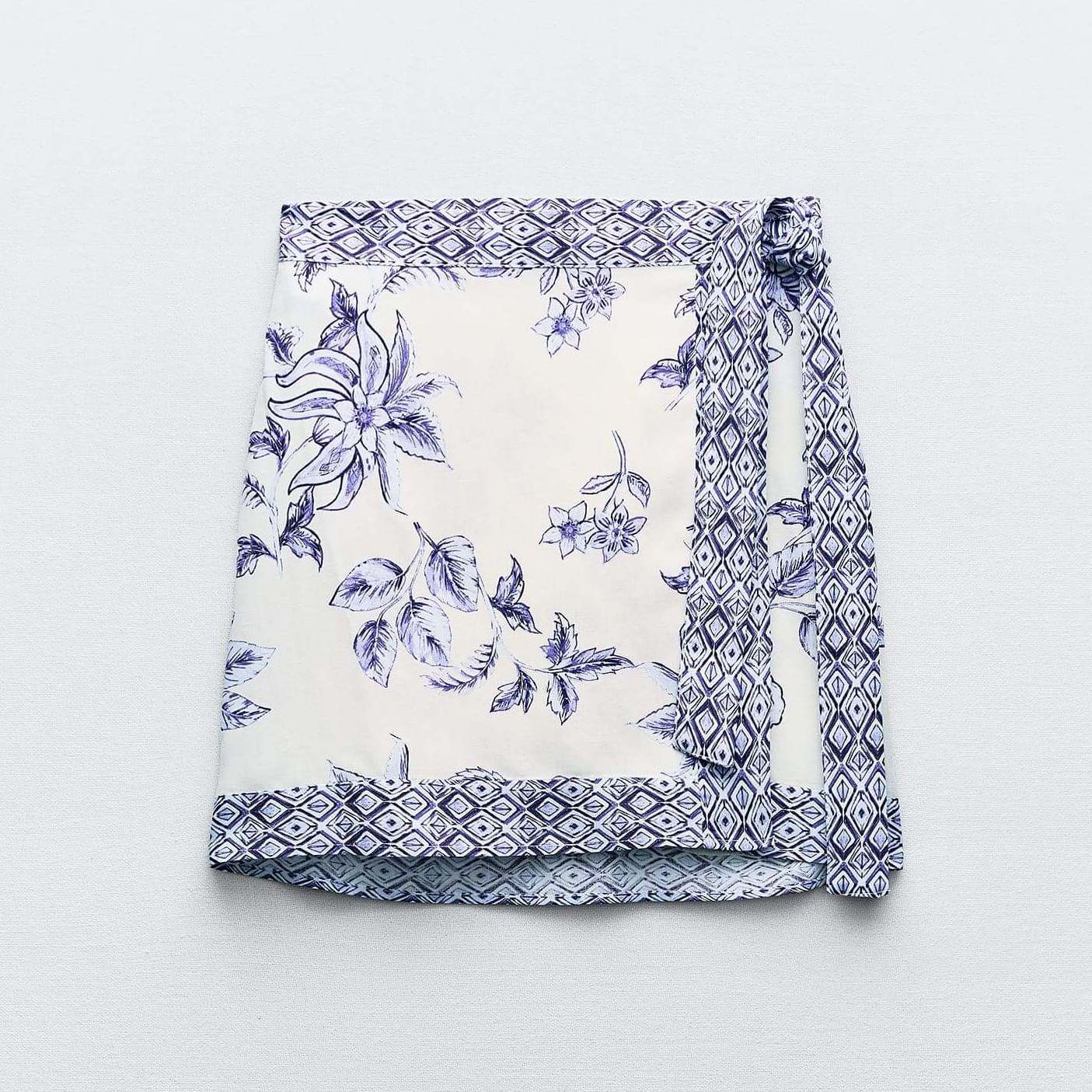 Юбка-мини Zara Greek Floral Print, синий/белый блузка zara ruffled floral print синий белый