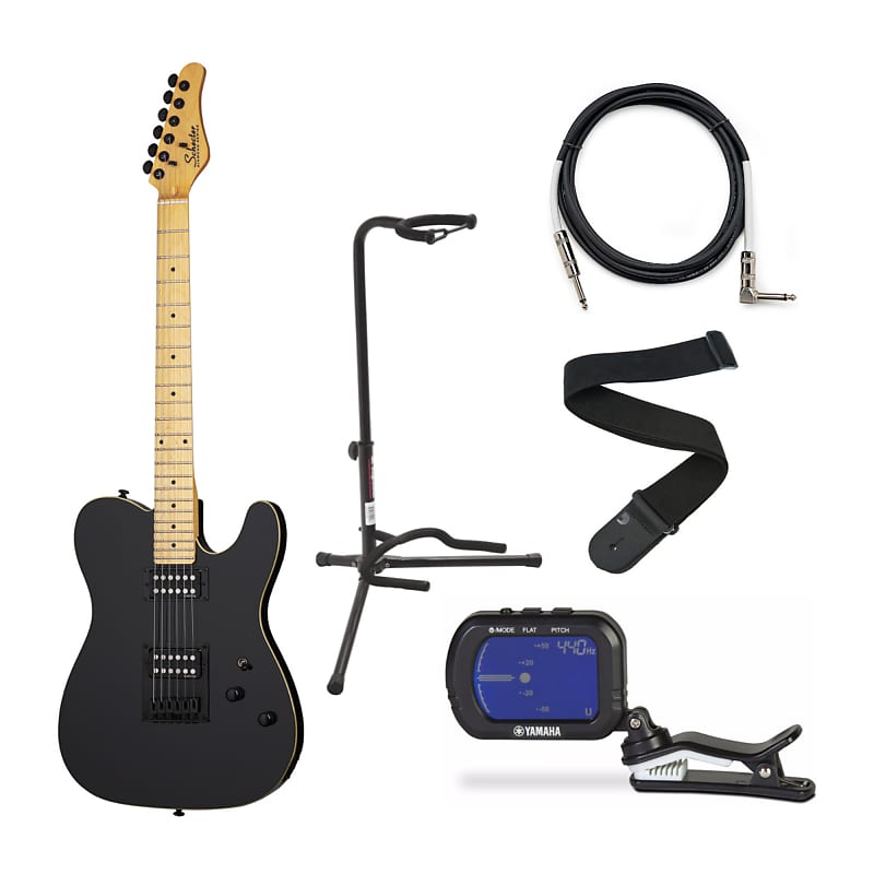 6-струнная электрогитара Schecter PT (для правой руки, глянцевый черный) в комплекте с хроматическим тюнером Clip-On, штативом для гитары, гитарным кабелем и гитарным ремнем