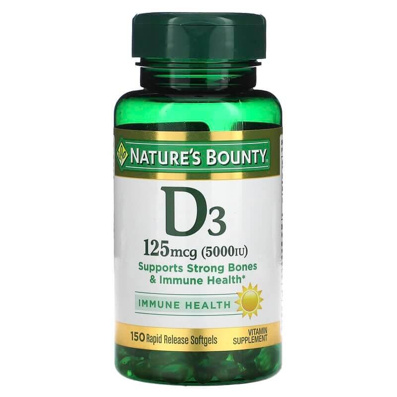 Витамин D3 Nature's Bounty 125 мкг (5000 МЕ), 150 мягких капсул natural factors витамин d3 125 мкг 5000 ме 120 мягких желатиновых капсул