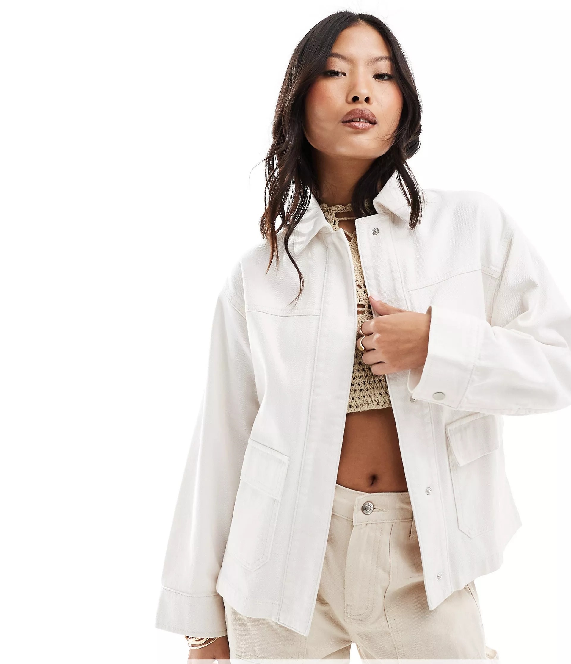 Куртка-рубашка Asos Design Petite Cotton Twill Shacket With, белый хлопчатобумажная рубашка h