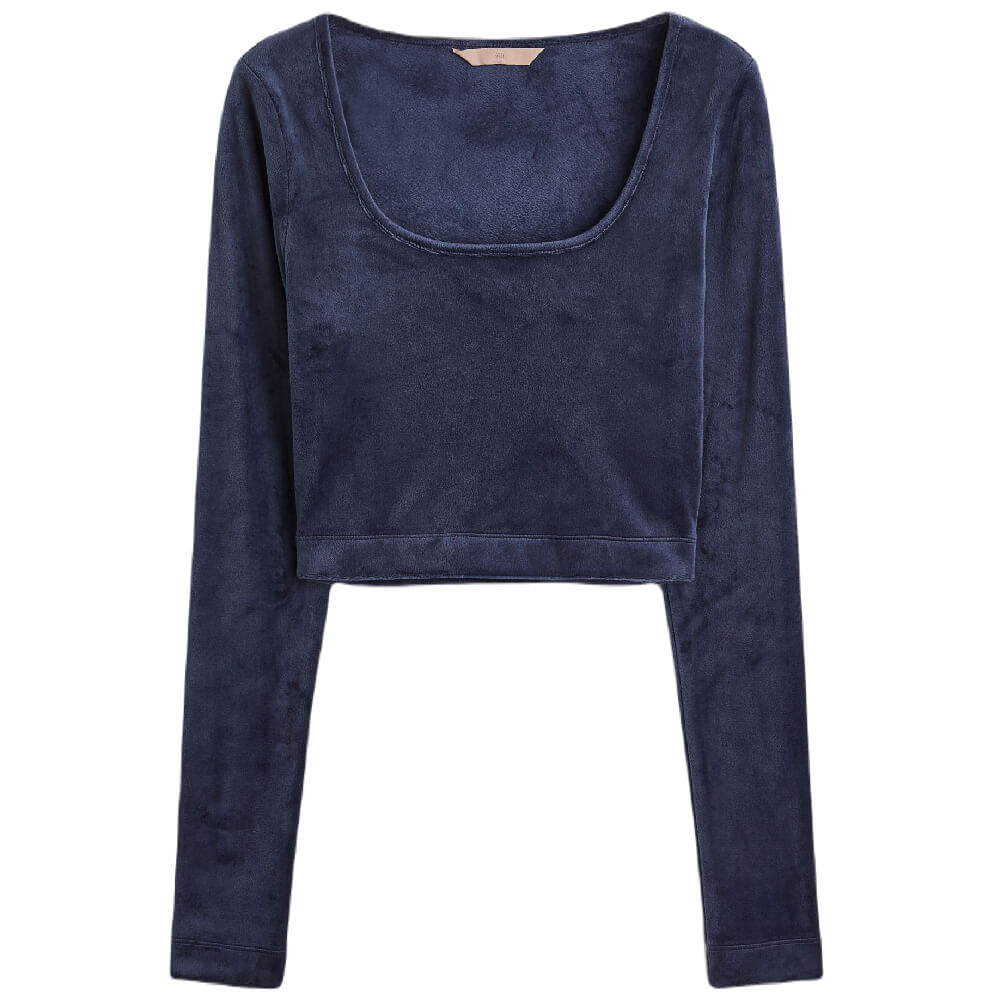 Топ H&M Velour Crop, темно-синий рубашка укороченная с длинными рукавами s розовый