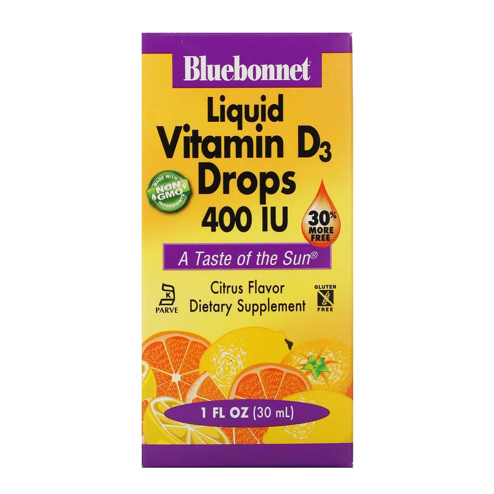Жидкий витамин D3 400 МЕ Bluebonnet Nutrition аромат цитрусовых, 30 мл bluebonnet nutrition жидкий витамин d3 в каплях натуральный цитрусовый вкус 1 000 ме 30 мл