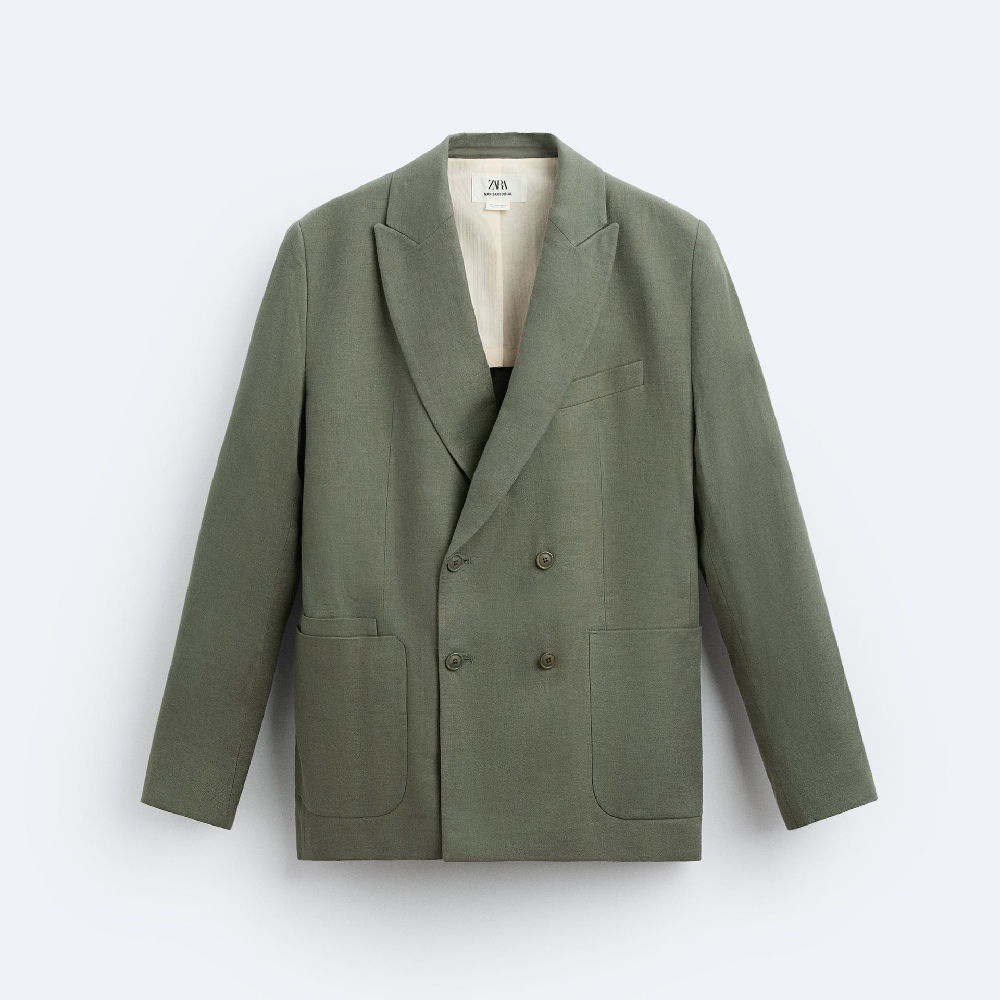 Пиджак Zara 100% Linen Double-breasted Suit, зеленый