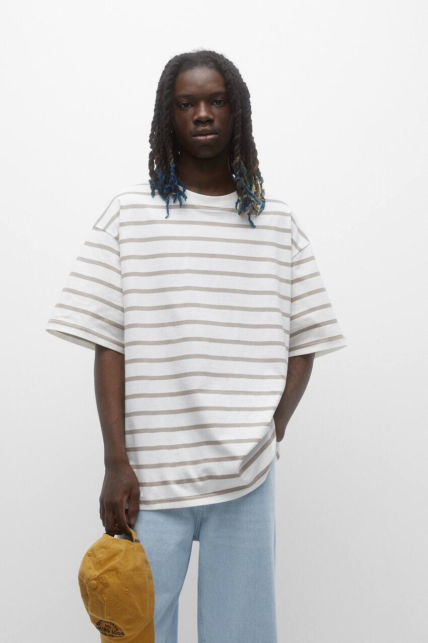 

Полосатая футболка, окрашенная в готовом виде Pull&Bear, песочный, Бежевый