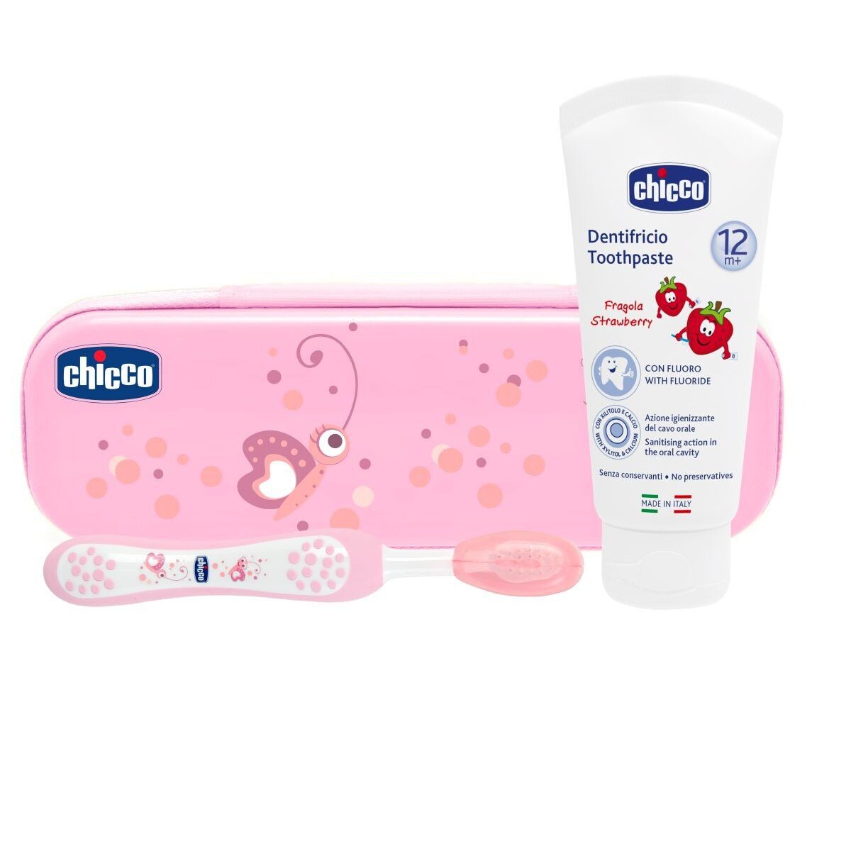 

Chicco зубной набор для детей 12м+ розовый: зубная паста, 1 шт зубная щетка, 1 шт + футляр, 1 шт.