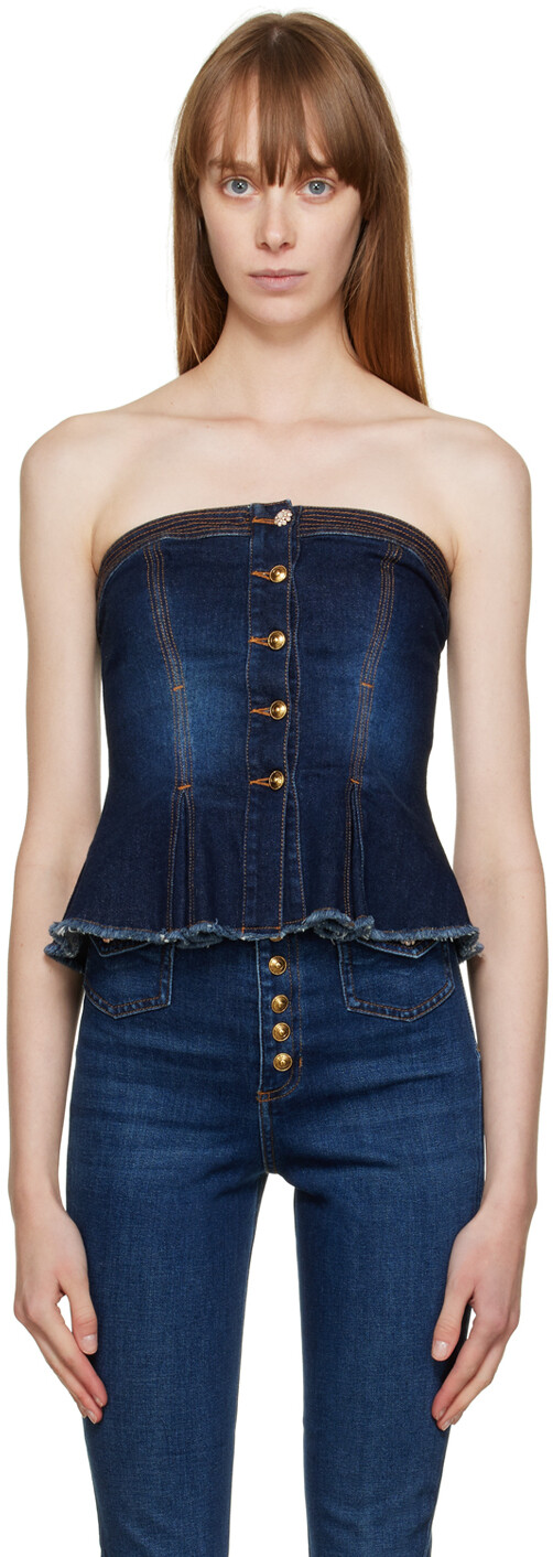 

Джинсовый корсет цвета индиго с баской Versace Jeans Couture
