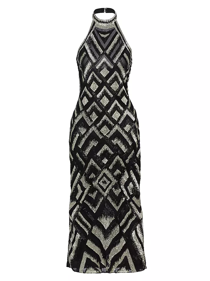

Коктейльное платье миди с вырезом через шею и бисером Reem Acra, цвет black silver