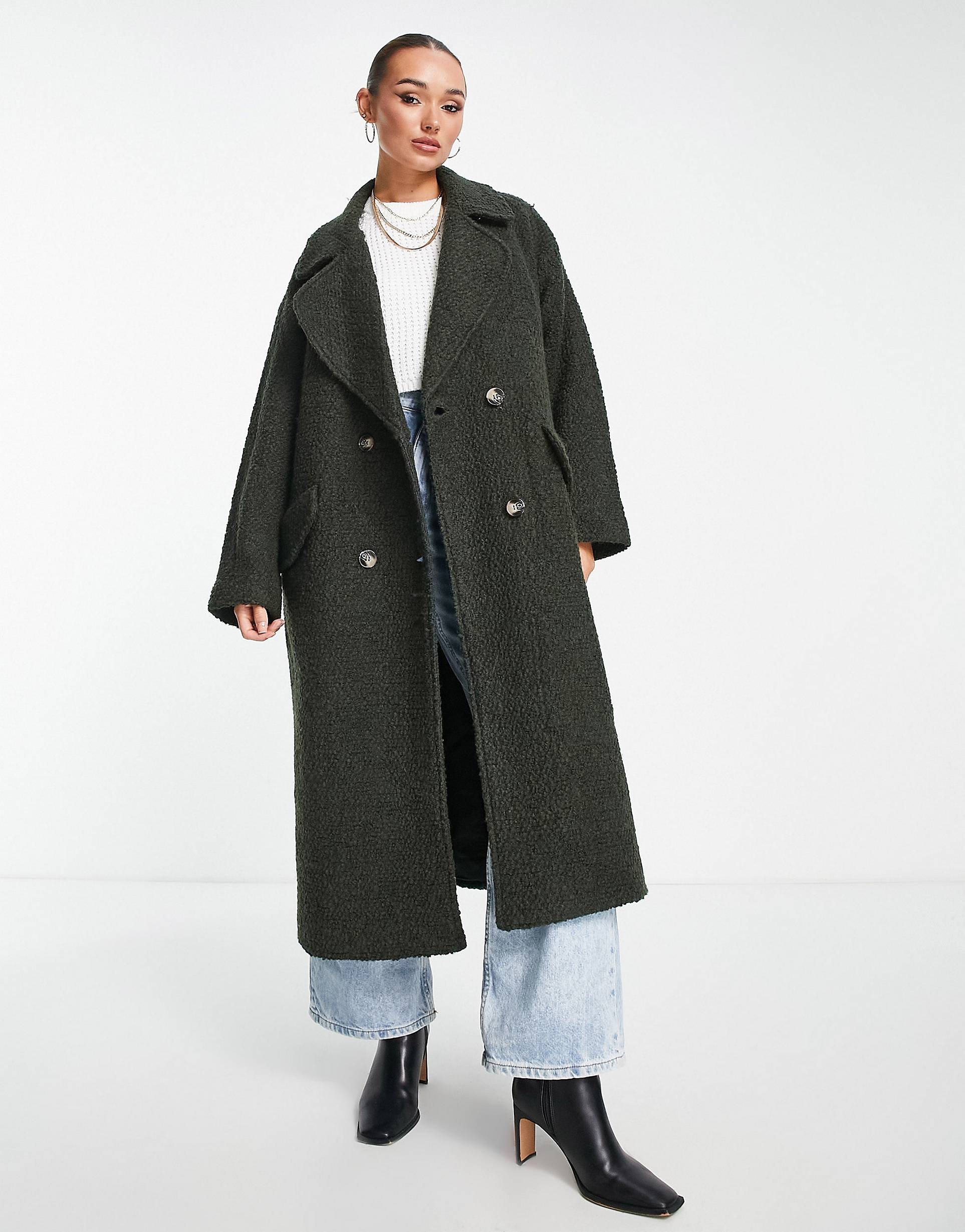 Двубортное шерстяное пальто цвета хаки из букле ASOS DESIGN smart