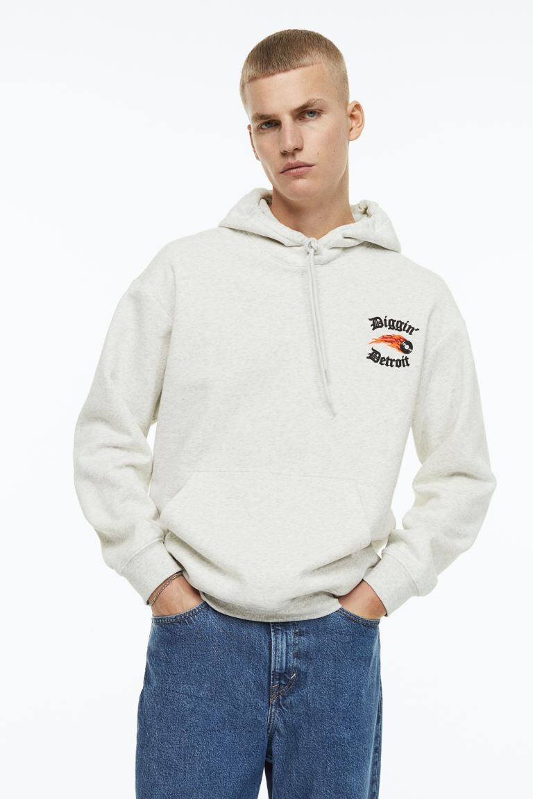 

Толстовка с капюшоном и принтом Relaxed Fit H&M, хизер грей / копаем детройт, Серый