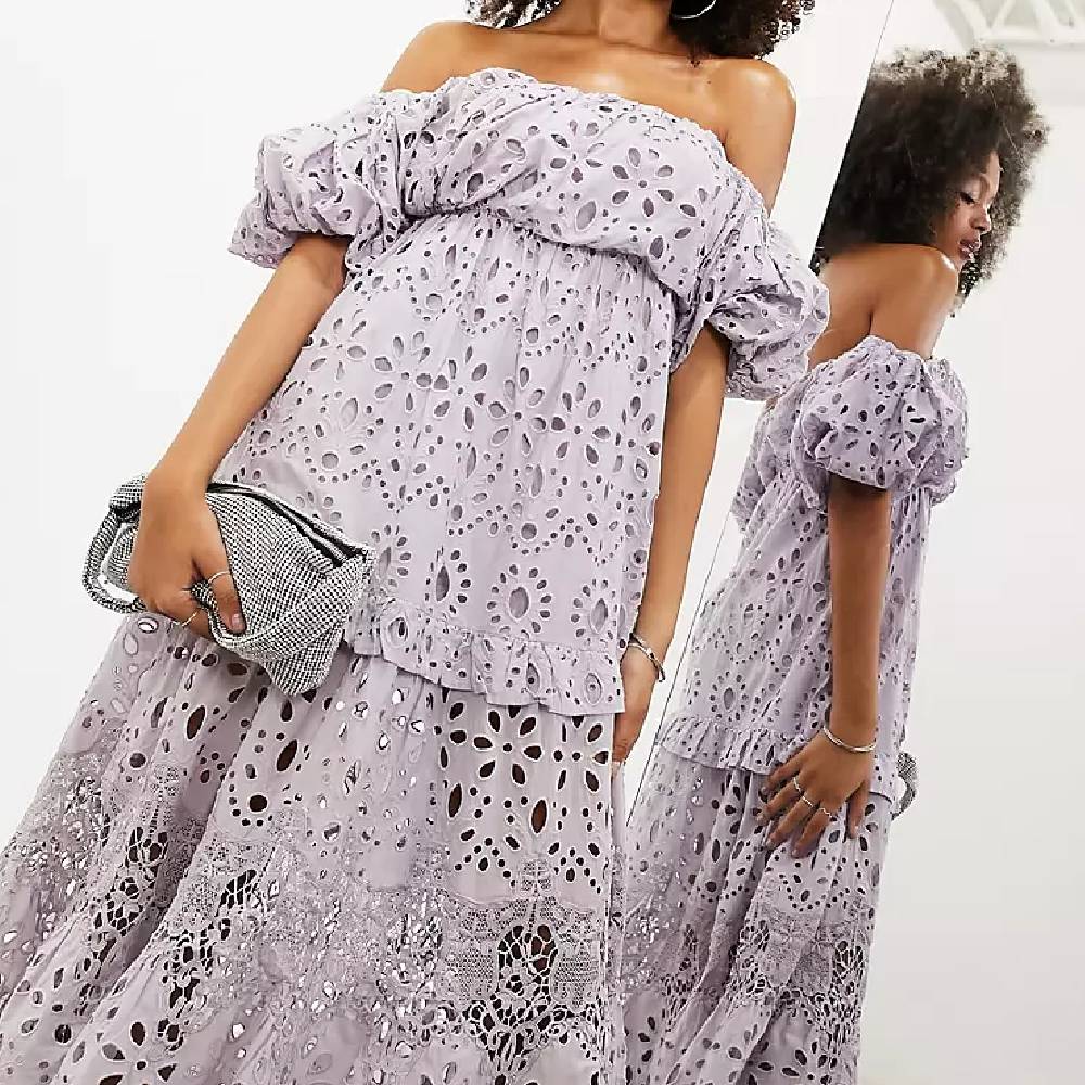 Платье Asos Edition Blouson Off Shoulder, сиреневый платье на пуговицах с открытыми плечами и вышивкой ришелье zarina 9226006506 голубой 42