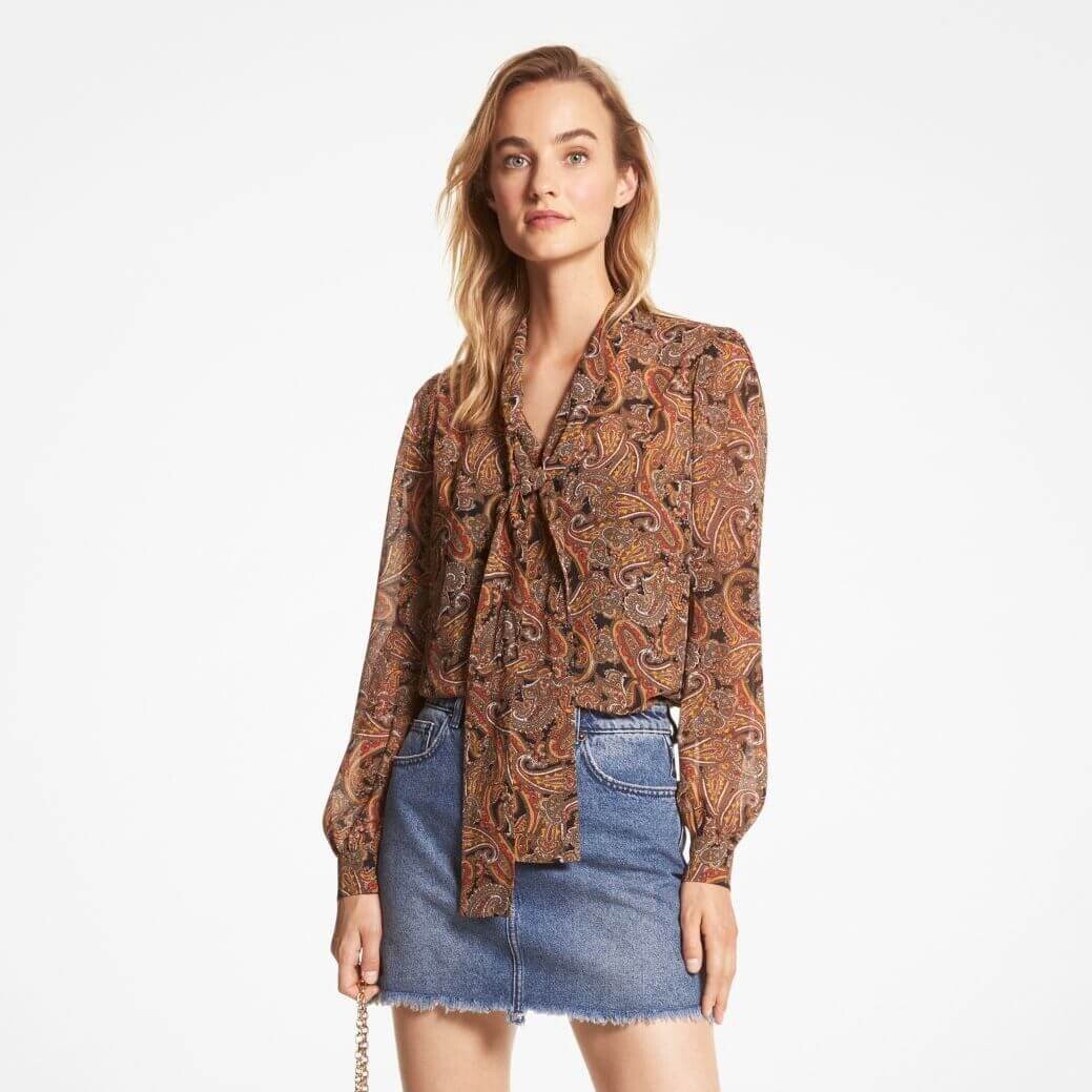

Блуза Michael Michael Kors Paisley Georgette Tie-Neck, сиена