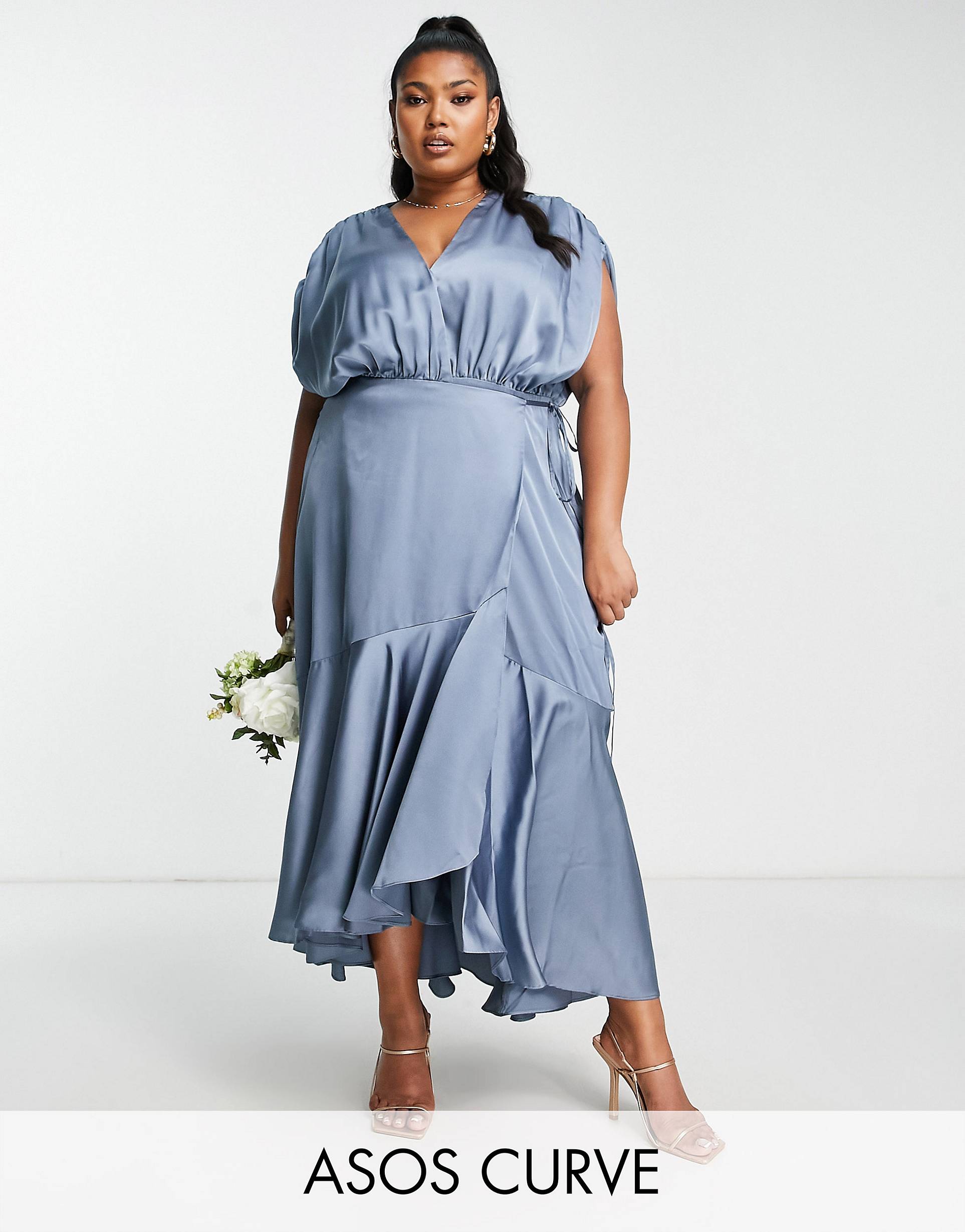 Темно-синее атласное платье миди с рюшами ASOS EDITION Curve синее льняное платье миди с вырезами asos edition