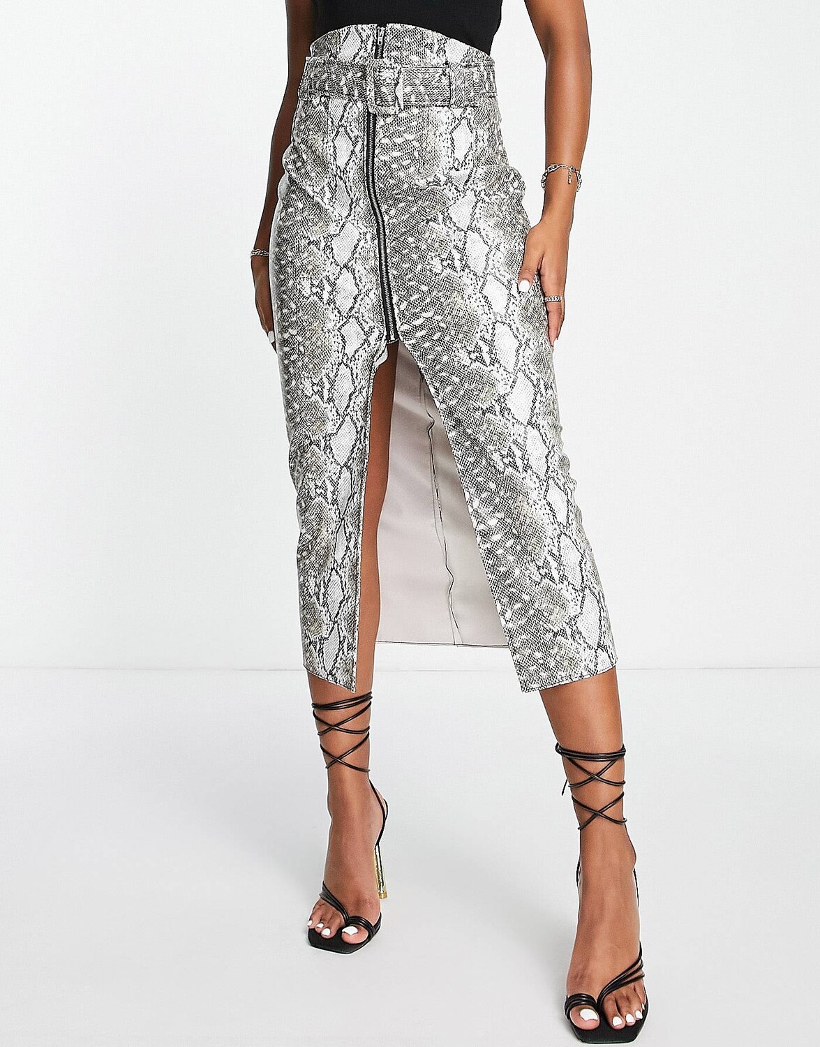 

Юбка миди с поясом и молнией со змеиным принтом ASOS DESIGN