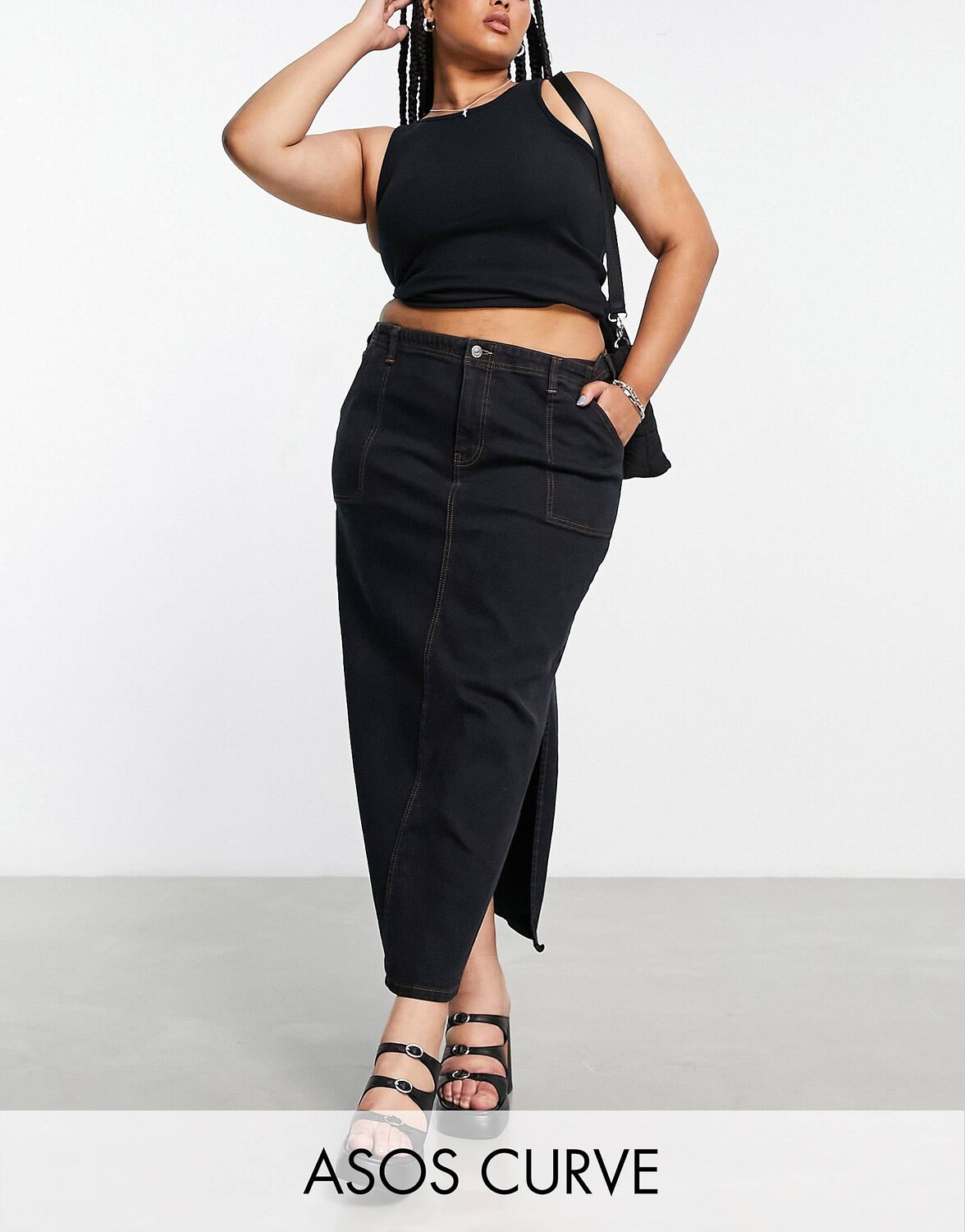 

Черная джинсовая юбка миди карго ASOS DESIGN Curve