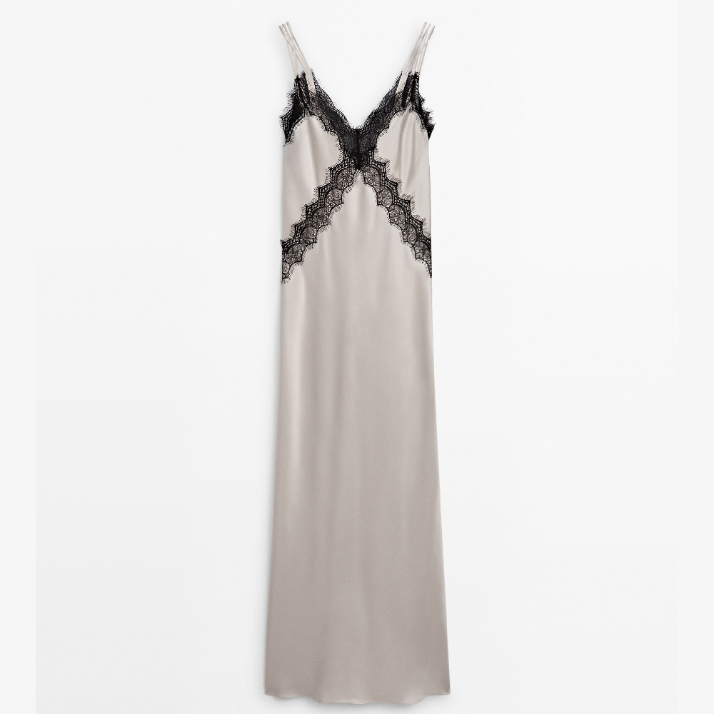 Платье Massimo Dutti Satin Halter With Contrast Lace, кремовый цена и фото